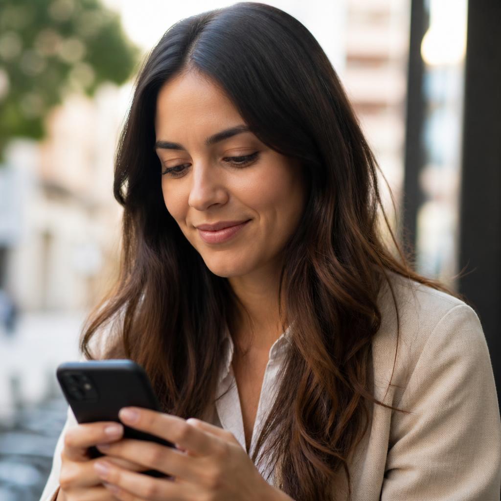 A person smiling while looking at their phone